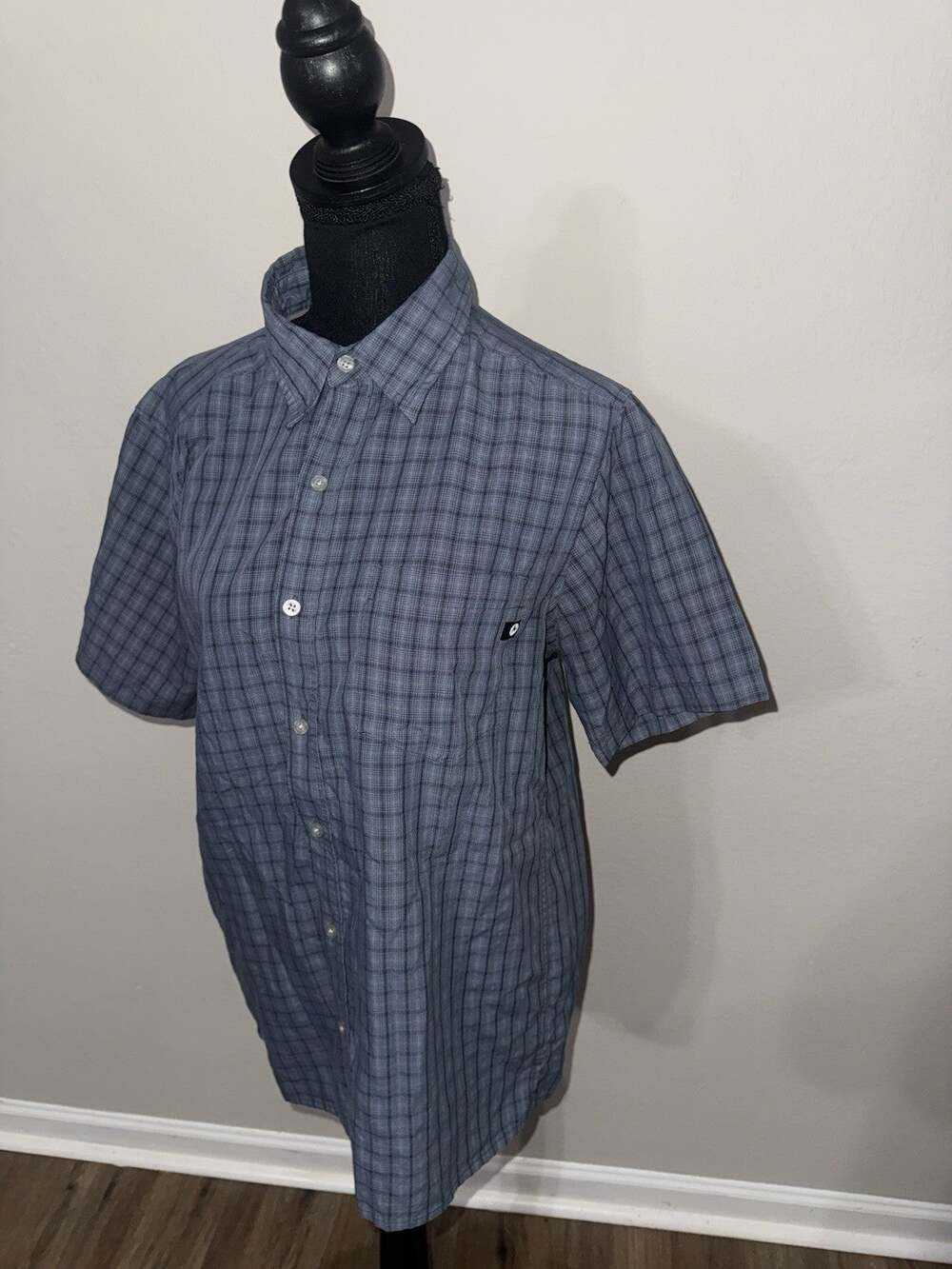 Marmot Men’s Small Blue Check Short Sleeve Button-Up Shirt Point Collar Pockets